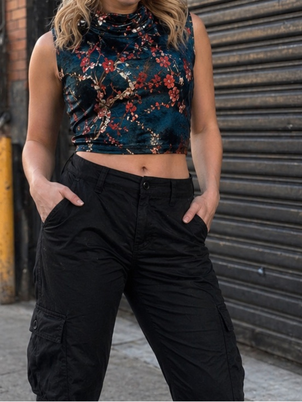 Cider Teal Velvet Floral Mock Neck Camisole with Red Accents